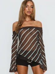 Trinkie Long Sleeve Off Shoulder Chiffon Top Navy Stripe